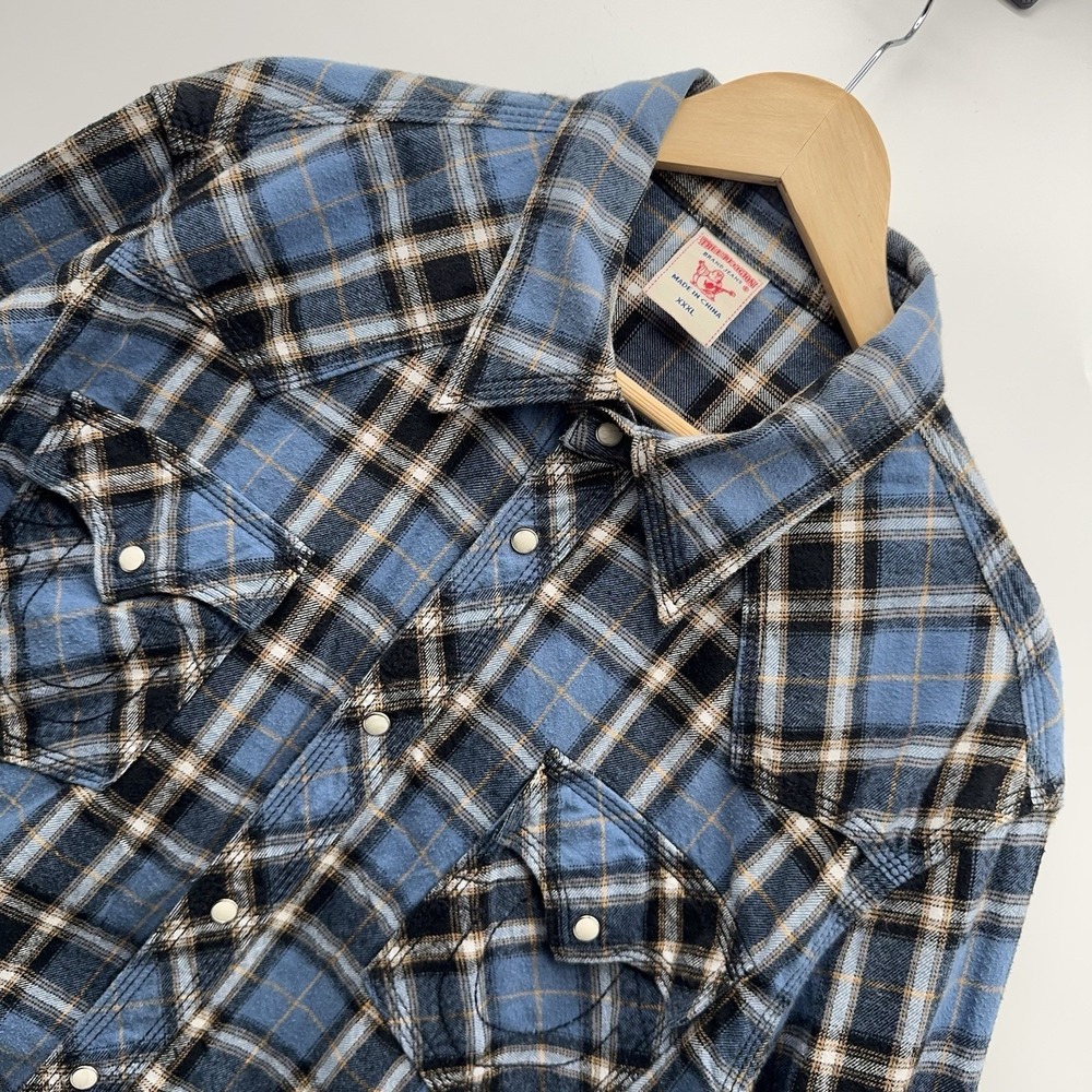 True Religion Men 3XL Flannel Shirt Plaid Pearl Snap Western Horseshoe Blue